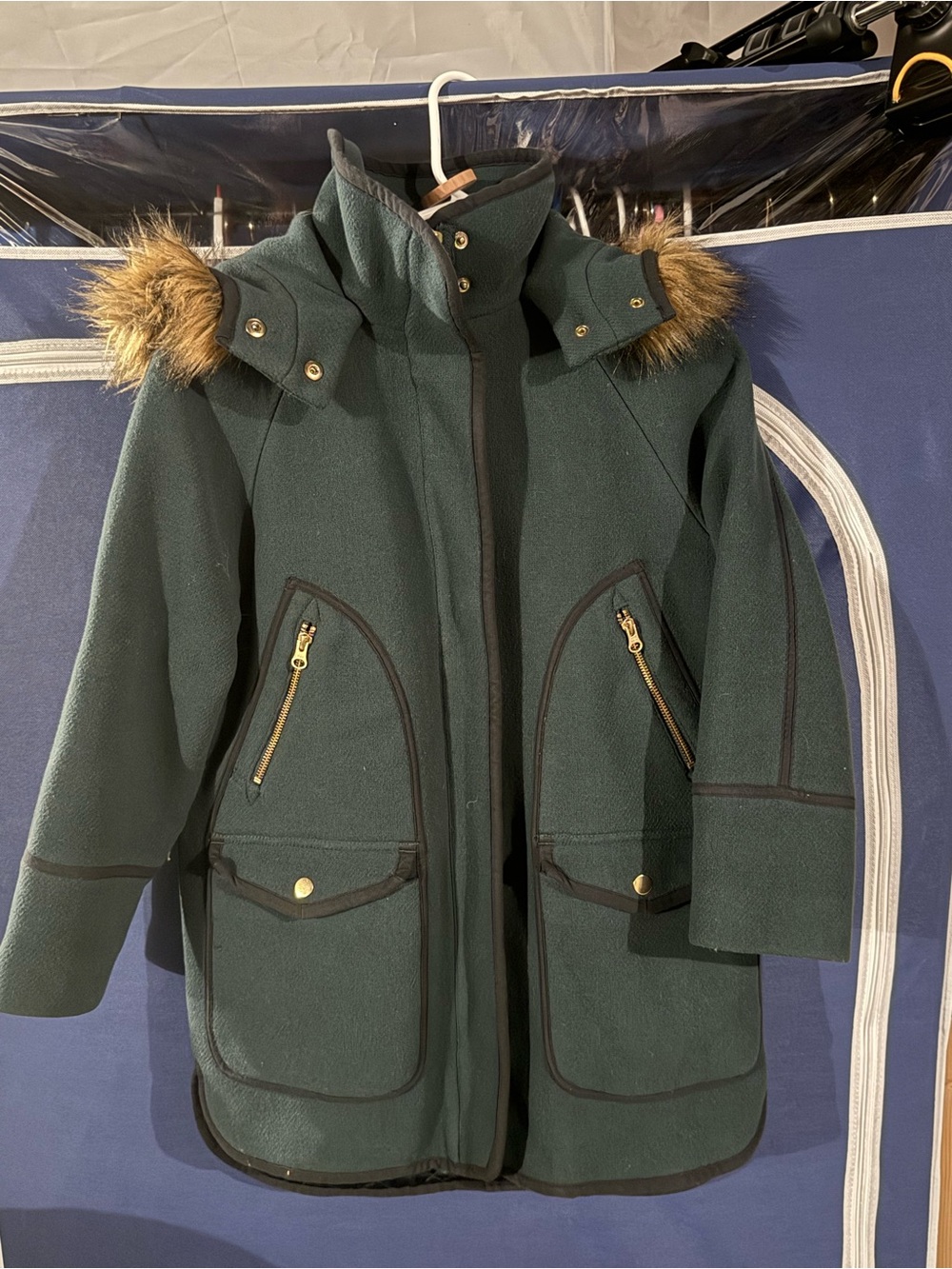 J. Crew Dark Green Hooded Pea Coat with Faux Fur Trim